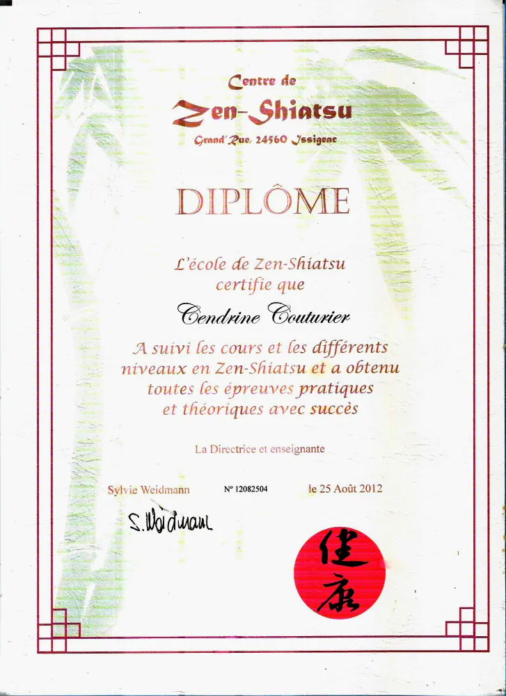 Diplôme shiatsu layrac cendrine couturier